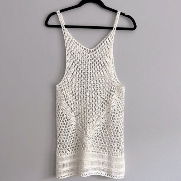 Tops - White Bohemian Crochet Knit Sheer Beach Cotton Cover Up Shirt Dress S M 4/6